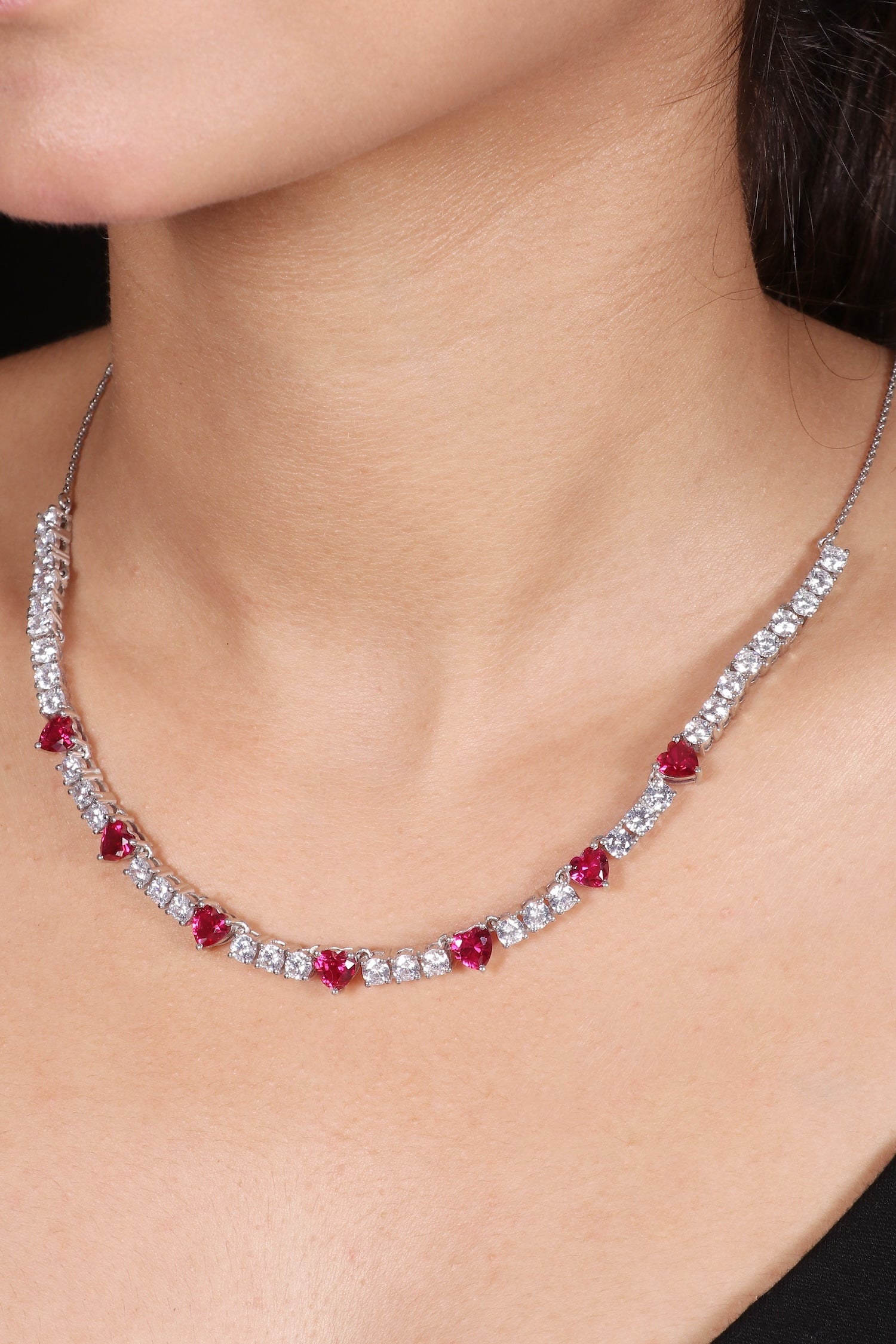 Silver Heart Shaped Red Stone Necklace Set